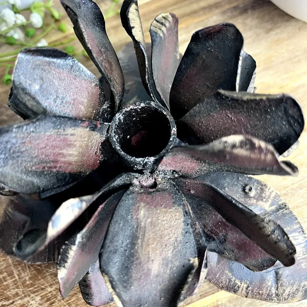 Rustic Metal Blooming Flower Pinecone Candle Holder Sculpture Handmade Weathered